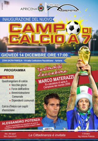 Apricena, inaugurazione campo calcio a 7: ospite Marco Materazzi